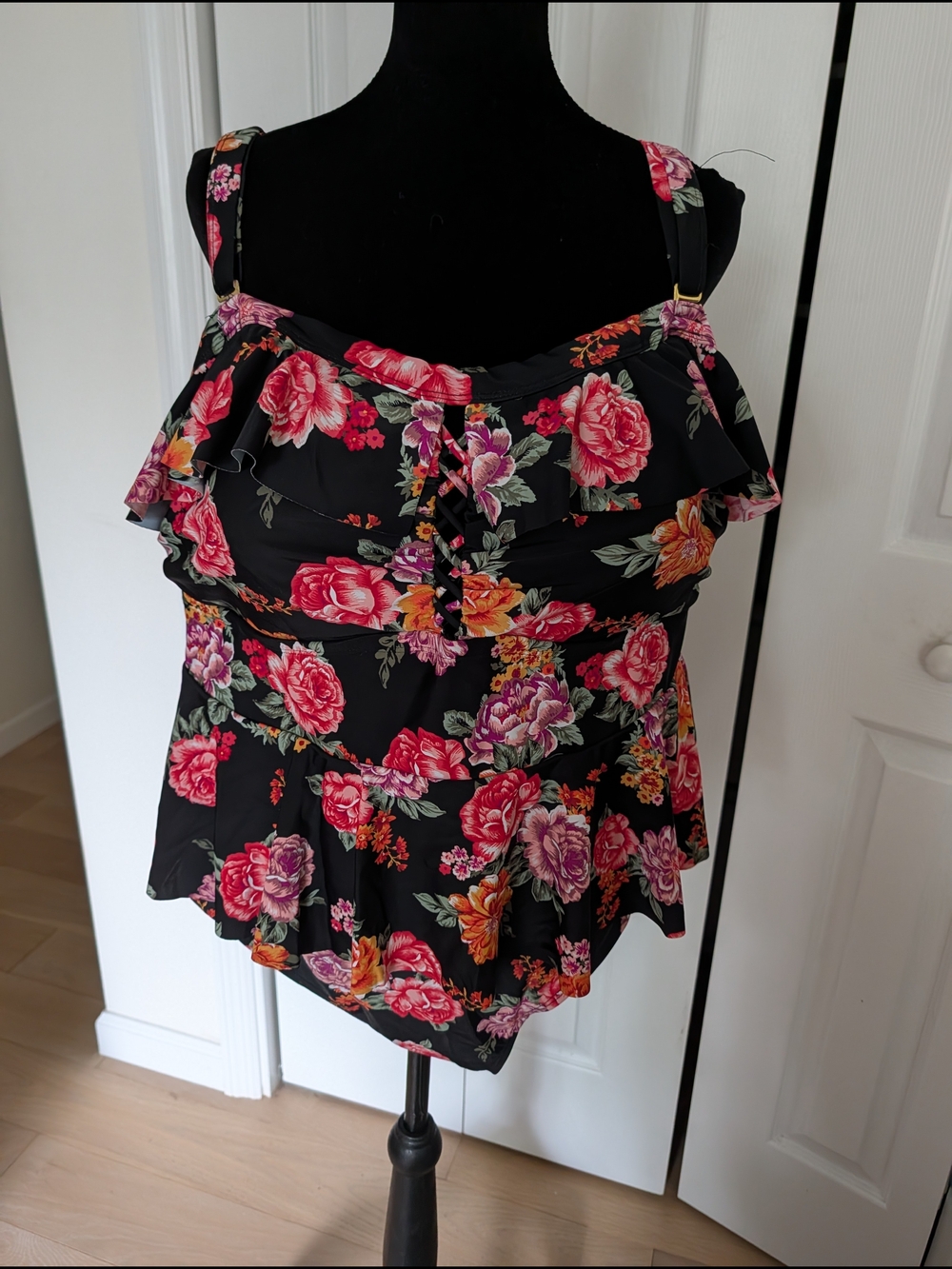 Terra & Sky Black Floral One-Piece Swimsuit with Pink and Orange Flowers